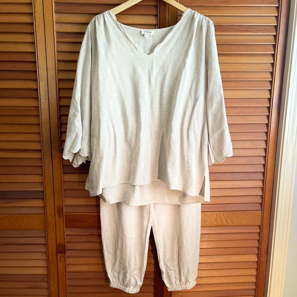 Umgee Large 2 piece linen blend scalloped top jogger pants comfy cozy CUTE NWOT